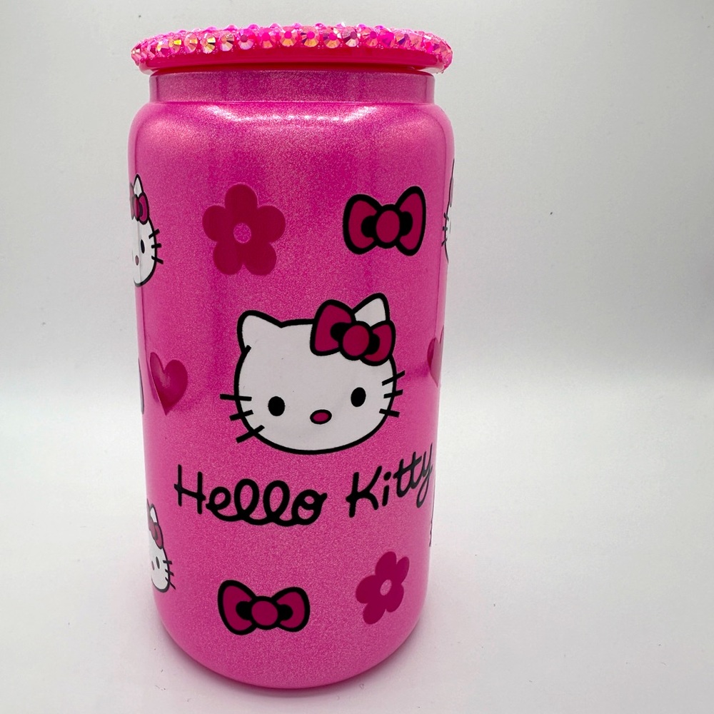 HELLO KITTY 16oz shimmer LIBBEY glass cup with rhinestone lid & straw